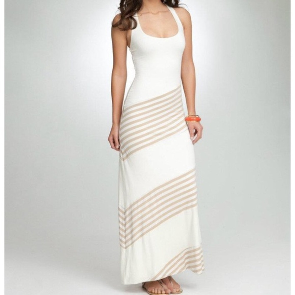 Bebe cream and tan stripped maxi dress